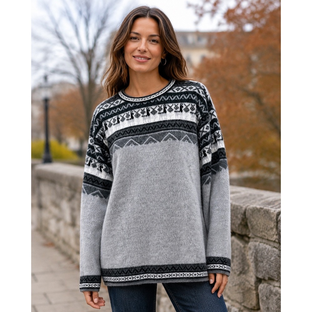 Handmade Alpaca Wool Fair Isle Llama Sweater Grey Black White XL Pullover